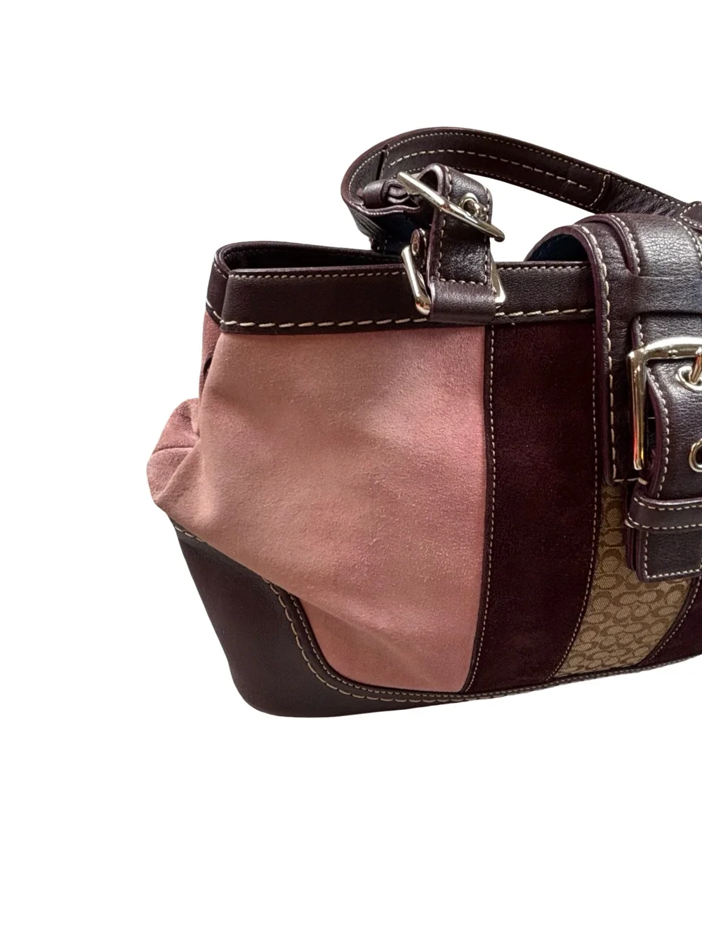 Coach Soho Striped Suede Signature Canvas Shoulder Bag Brown Pink Vintage Y2K